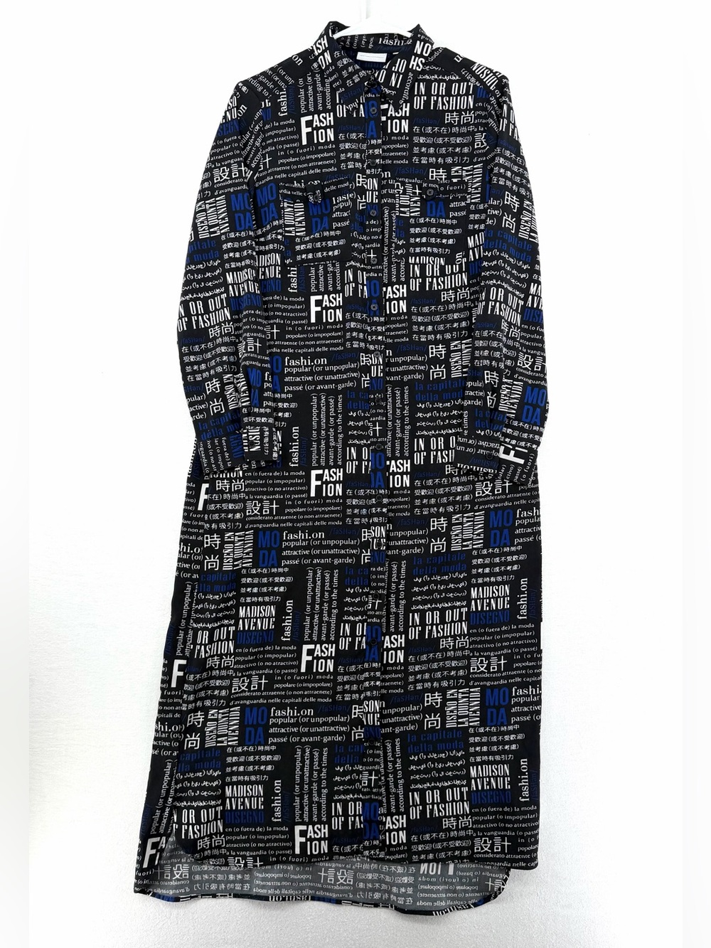 New York & Company Newsprint Black, White and Blue Long Sleeve Maxi Shirt Dress